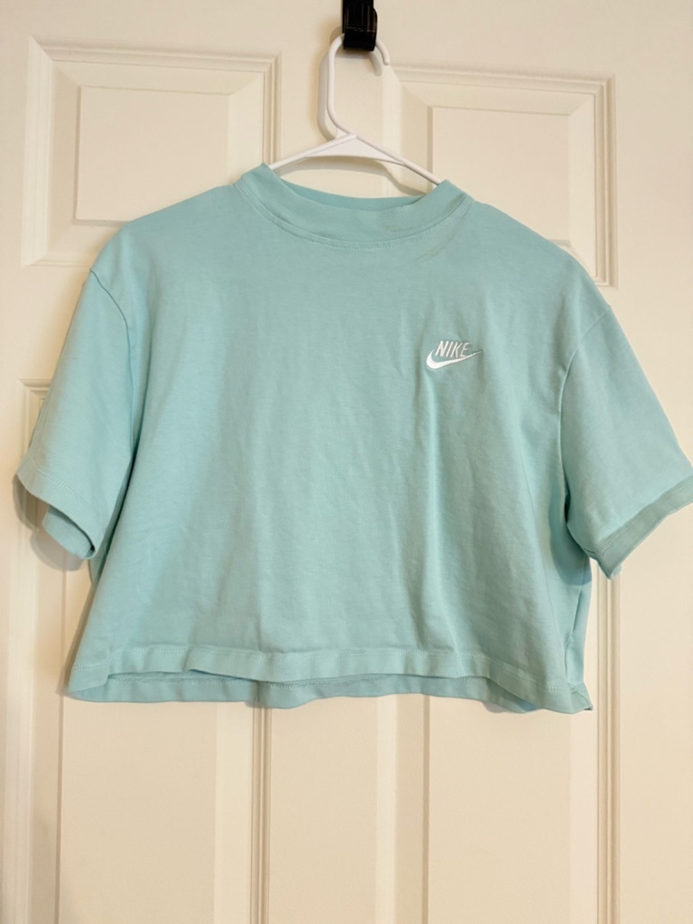 Nike Cropped Tee in Aqua Blue with White Swoosh